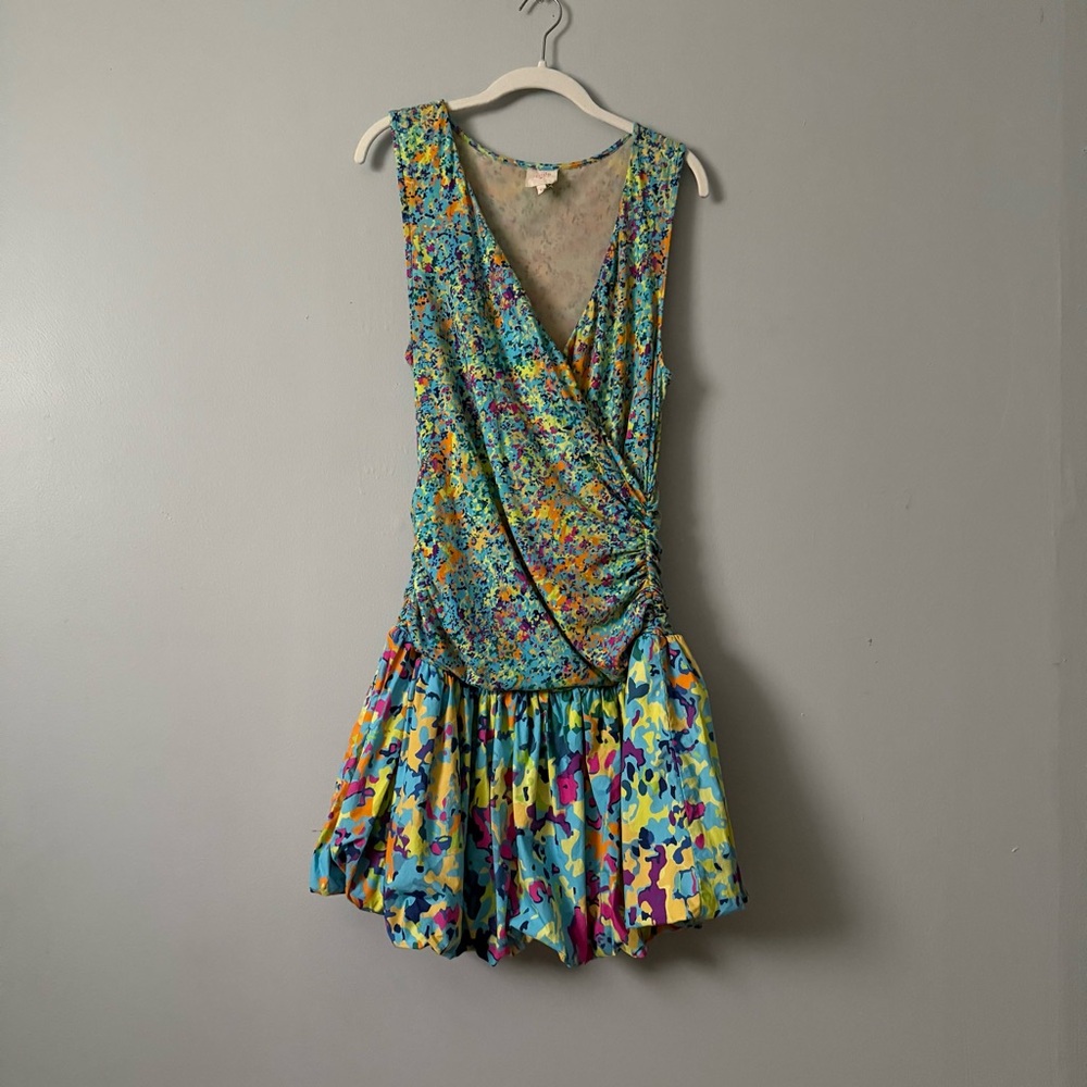 Anthropologie Plenty Tracy Reese V-Neck Bubble Dress Blue Motif Colorful